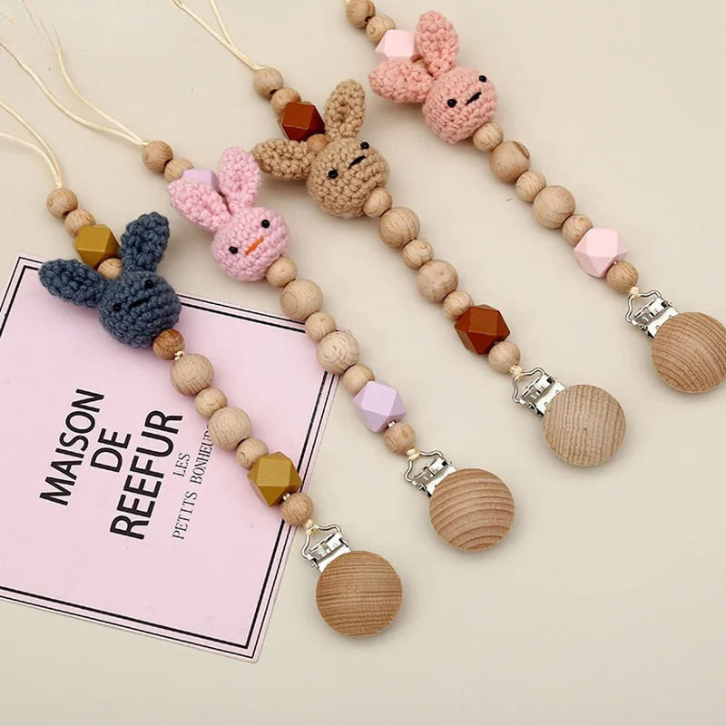 1pc Crochet Bunny Baby Pacifier Clip Chain BPA Free Wooden Beads Appease Soother Chain Clips Newborn Dummy Holder Nipple Clip