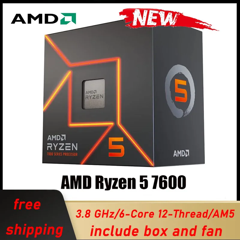 

New AMD Ryzen 5 7600 R5 7600 With Box 3.8 GHz 6-Core 12-Thread CPU 5NM L3=32M 100-000001015 PCIe 5.0 Socket AM5 With Cooler Fan