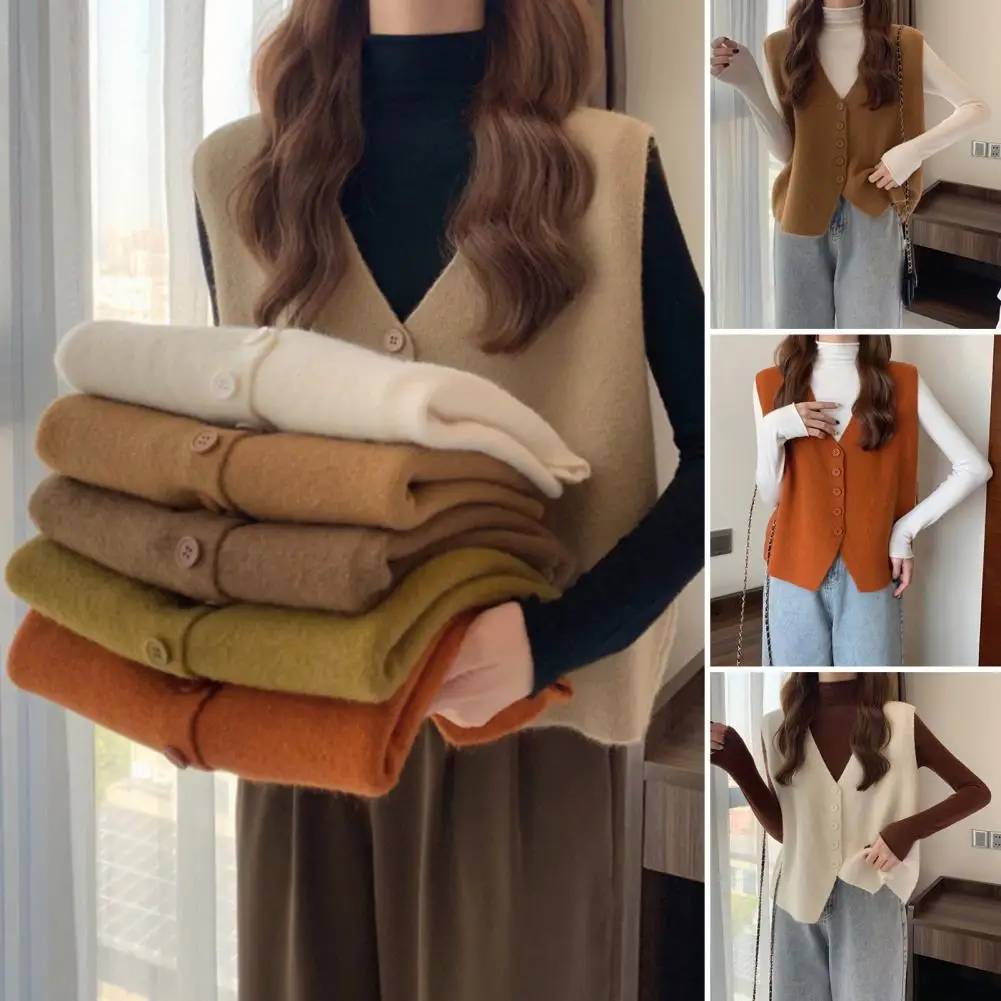 1 шт. удобный осенне-зимний женский жилет с v-образным вырезом на пуговицах