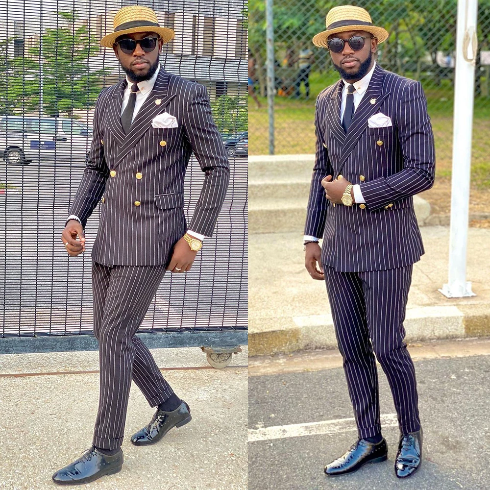 

Dark Blue Pinstripe Men Suit Tailor-Made 2 Pieces Modern Blazer Pants Wedding Groom Business Work Wear Causal Prom Tailored