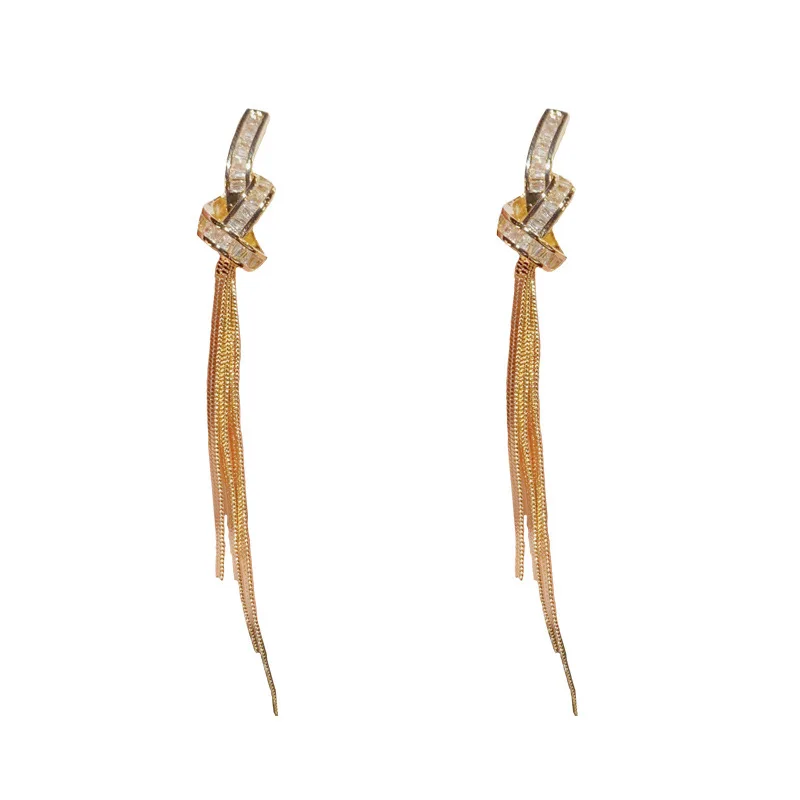 Korean sle Elegant Simple Exquisite Super Shiny Zircon Knotted Long Tassel Earrings S925 Silver Needle Design Eardrops