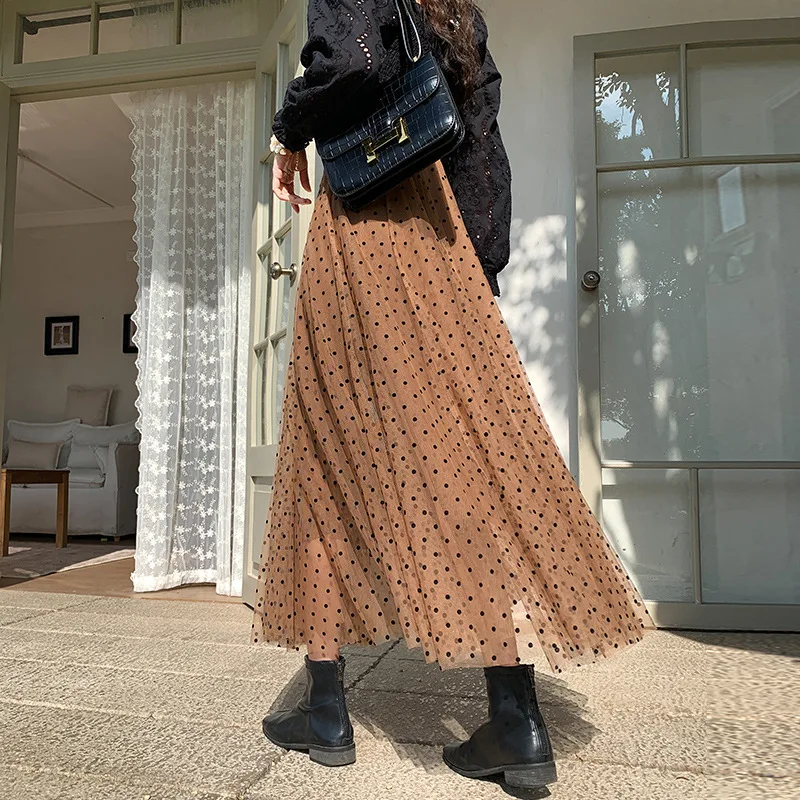 Qooth Женская юбка в горошек элегантная длинная Тюлевая А-силуэта с высокой талией
