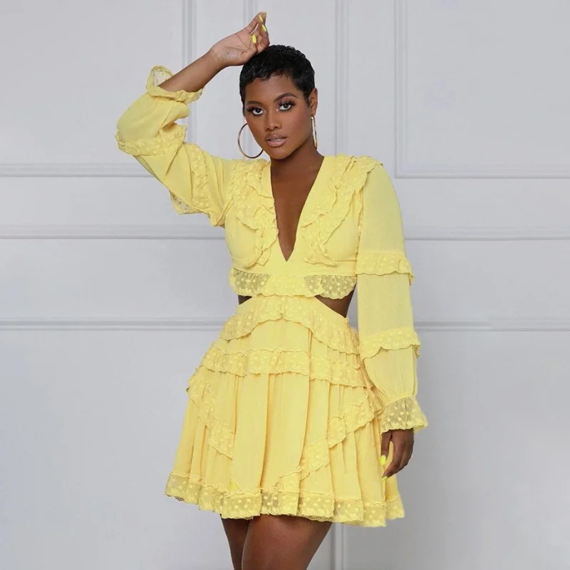 

Women Long Sleeves Lace Hollow Out V Neck Cocktail Host Club Night Short Dress Party Mini Gown