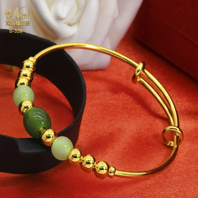 Купи ANIID 24K Gold Plated Bangles For Women Green Bead Bracelet & Bangle Adjustable Pulseira Femme Wedding Bridal Jewelry Bijoux за 401 рублей в магазине AliExpress