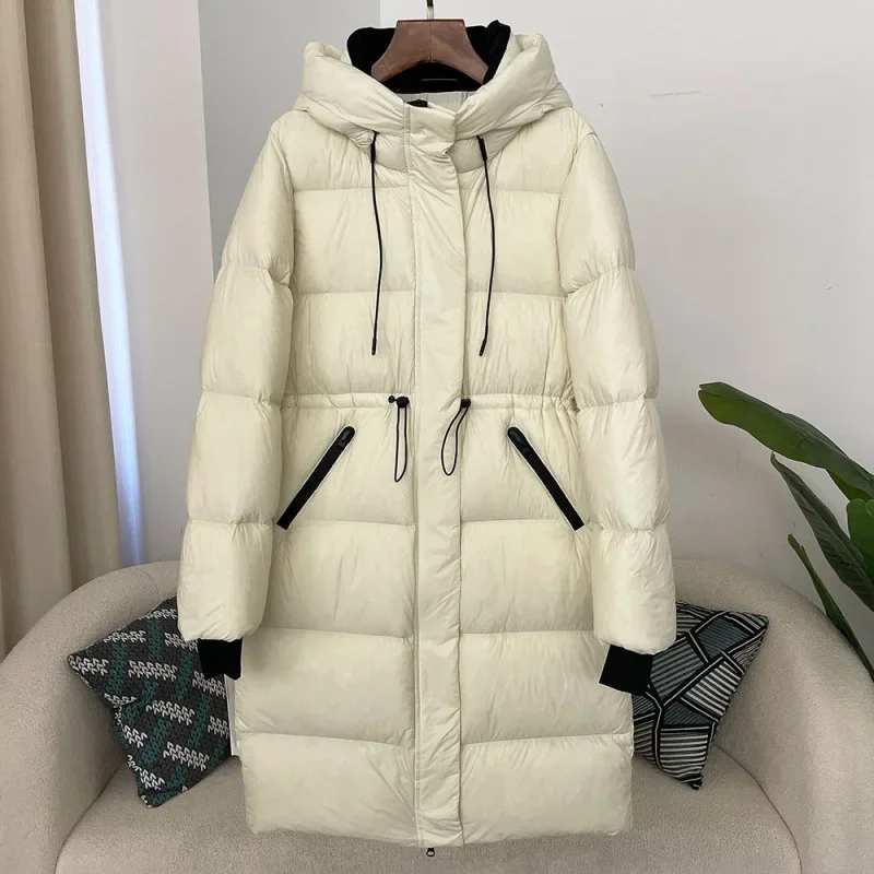 Женское длинное пуховое пальто с талией |