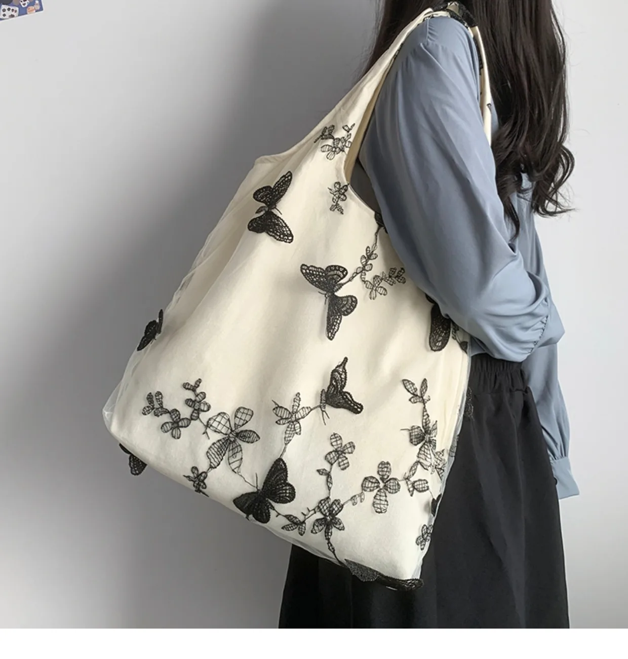 

Embroidery Butterfly Print Canvas Tote For Women Lady Sweet Lace Handbags Female Shoulder Bag Pures Large Eco Shopping Bag 2022