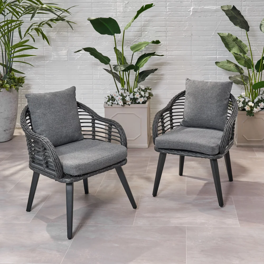 

Noble House Tia Outdoor Wicker Club Chairs with Cushions, Set of 2, Gray and Dark Gray