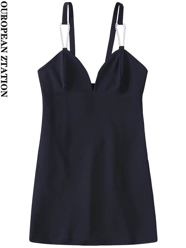 

PAILETE Women 2022 fashion with rhinestone trim mini dress vintage v neck backless thin straps female dresses vestidos mujer
