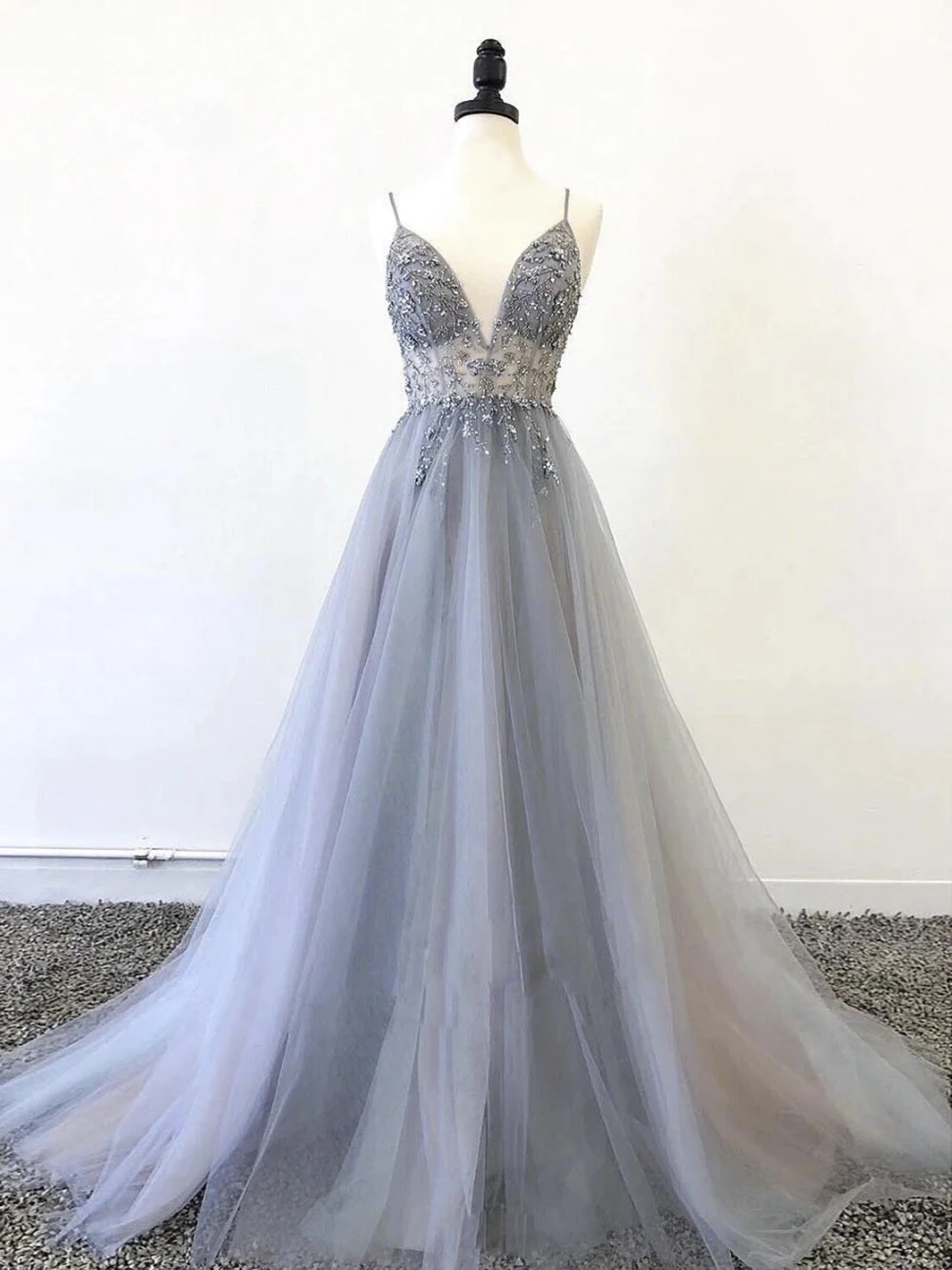 

A-line Spaghetti Straps Sparkly Prom Dresses Long Grey Fashion Formal Evening Gowns Sexy Beading Birthday Party Dress 2022