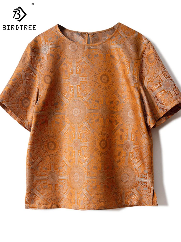 

Birdtree 100% шелк тутового шелкопряда песня парча летняя футболка оранжевый низ Окно Цветок китайский стиль винтажный литературный Топ T38002QD