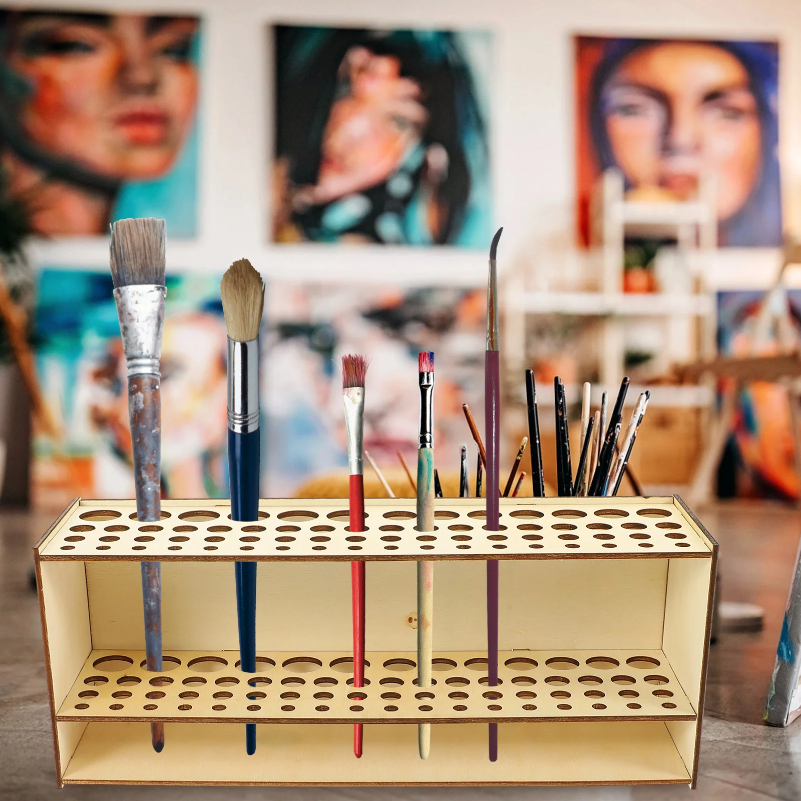 

Wood Pen Storage Holder Brush Organizer Rack Students Paintbrush Desktop Stand