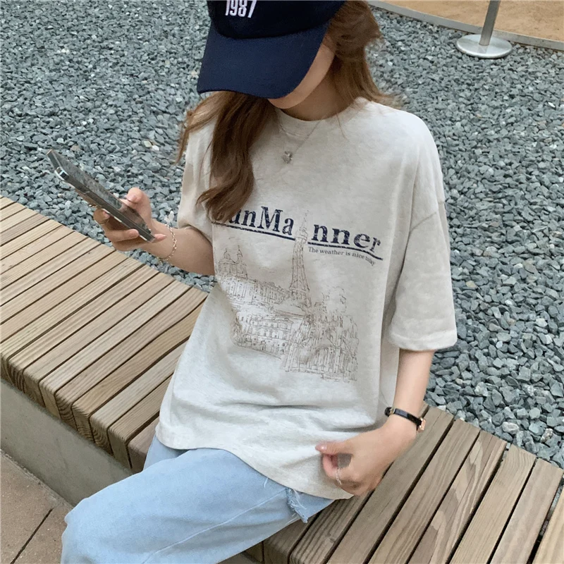 

3 Sizes M-xl Causal Short Sleeve O-neck Simple Fashion Vintage Basic Korean Style Street Fashion Women Woman Top T-shirts