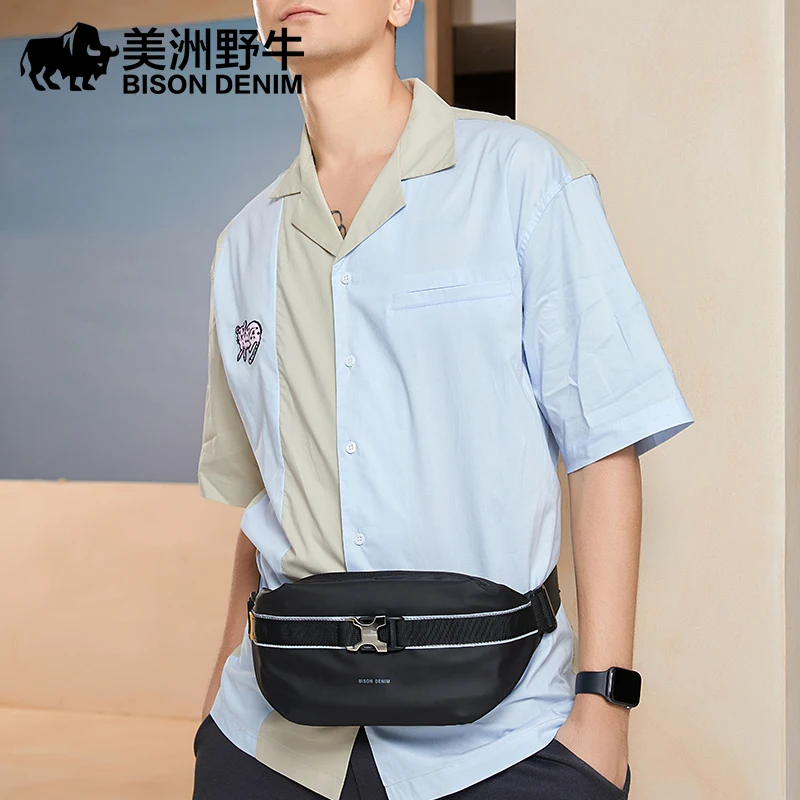 BISON DENIM 2023 New Fashion Designer Chest Bag Men Waist Bag Phone Card Holder Quality Multifunctional Shoulder Crossbody Bag