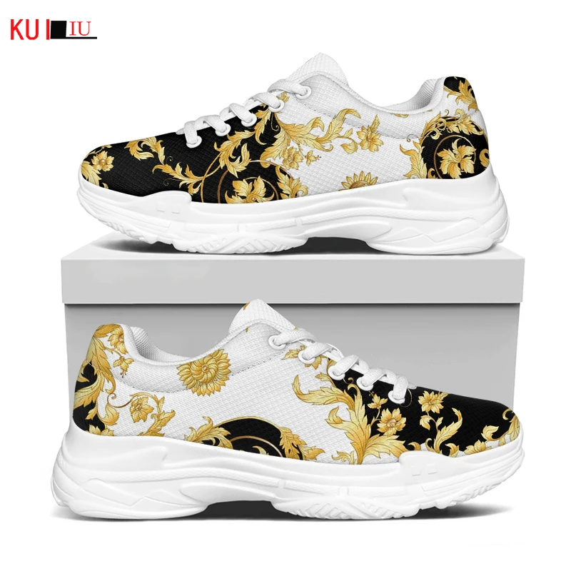 

KUILIU Luxury Golden Floral Women's Shoes Lace Up Ladies Platform Sneakers Baroque Increasing Casual Comfort Flat Mesh Shoes