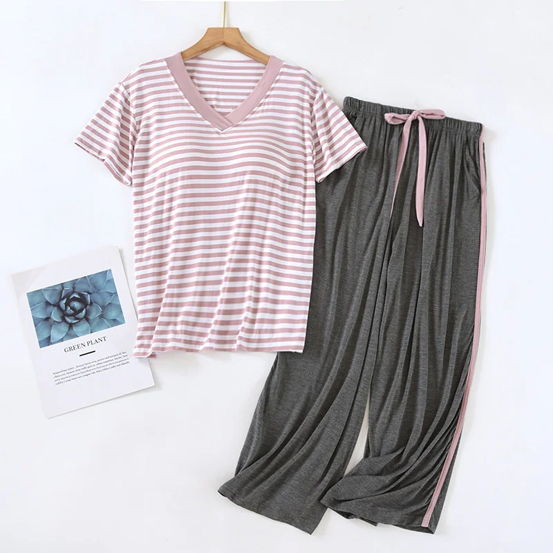 Bra Pajamas Set Short Sleeve T-shirt Pants 2Piece/Set Summer Sexy Stripe Pyjama Plus Size Sweet Homewear Calf-Length Sleepants
