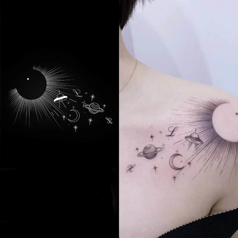 

2022 New Solar Eclipse Universe Art Waterproof Juice Tattoo Stickers for Woman Man Planet Fake Tattoo Body Temporary Tattoo Arm