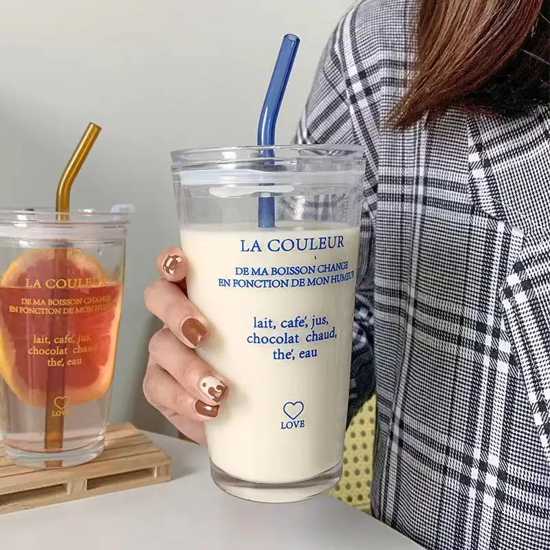 

350/400ml Large Capacity Water Bottle with Straw Cute Water Bottle Glass Large Capacity Juice Cup Coffee Milk Cup
