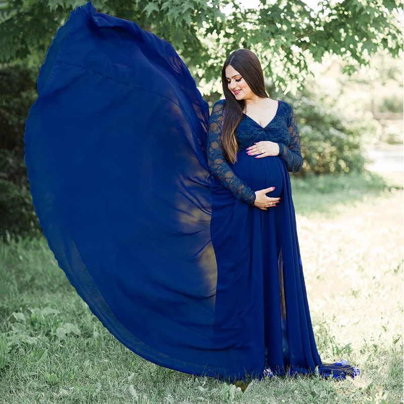 Enlarge Pregnancy Dress Photo Shoot Maternity Dresses for Baby Showers Full Sleeve Maternity Gown Photography