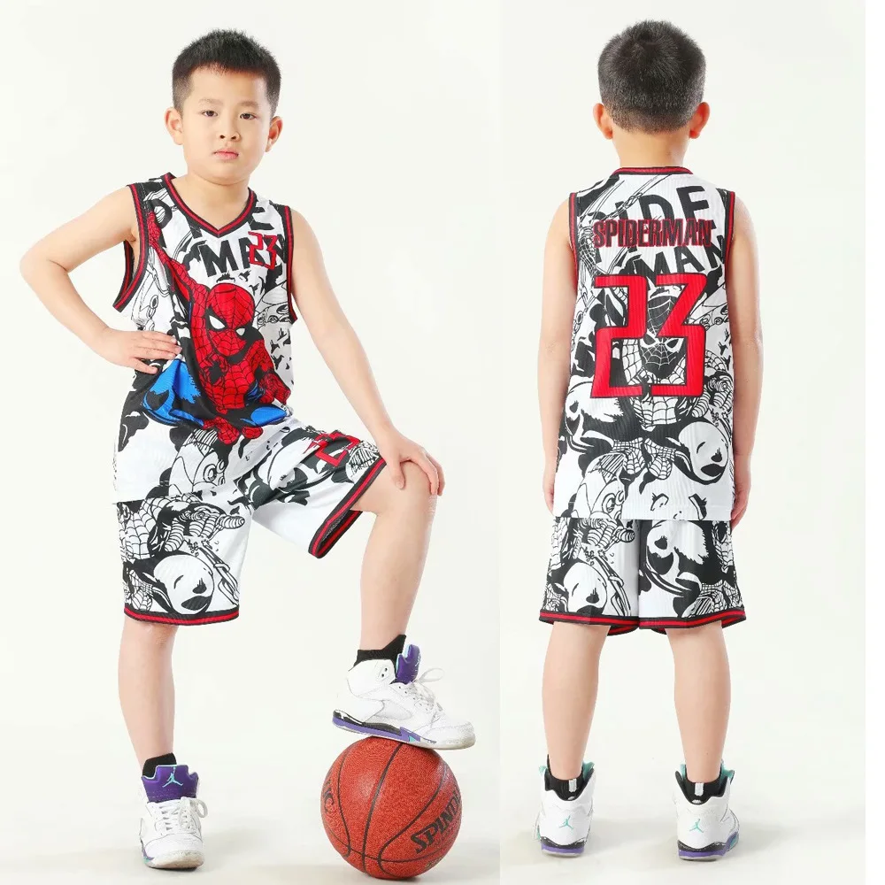 

Летняя детская футболка для маленьких мальчиков, мультяшный Человек-паук номер 23, баскетбольная одежда, детский спортивный комплект для ба...