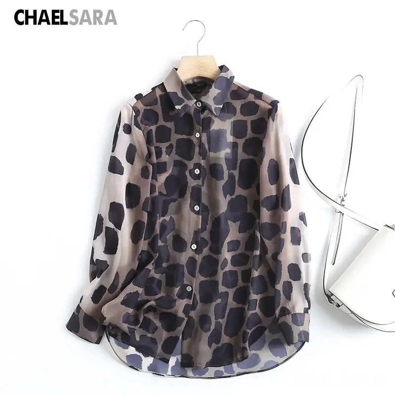 

2022 Summer Women Sexy Leopard Mesh Transparent Blouse Female Fashion Long Sleeve Chic Shirts Tops