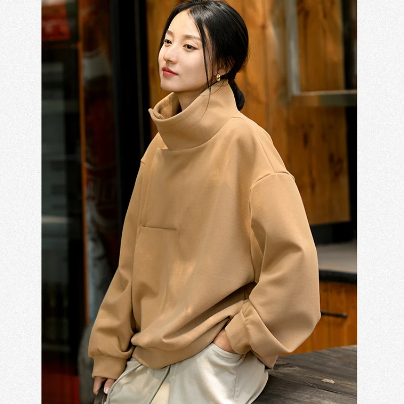 

Yasuk Winter Retro Casual Women Soft Loose Tees Gentle Warm Thick Patchwork Turtleneck Sweater Fleece Chinese Style Velvet