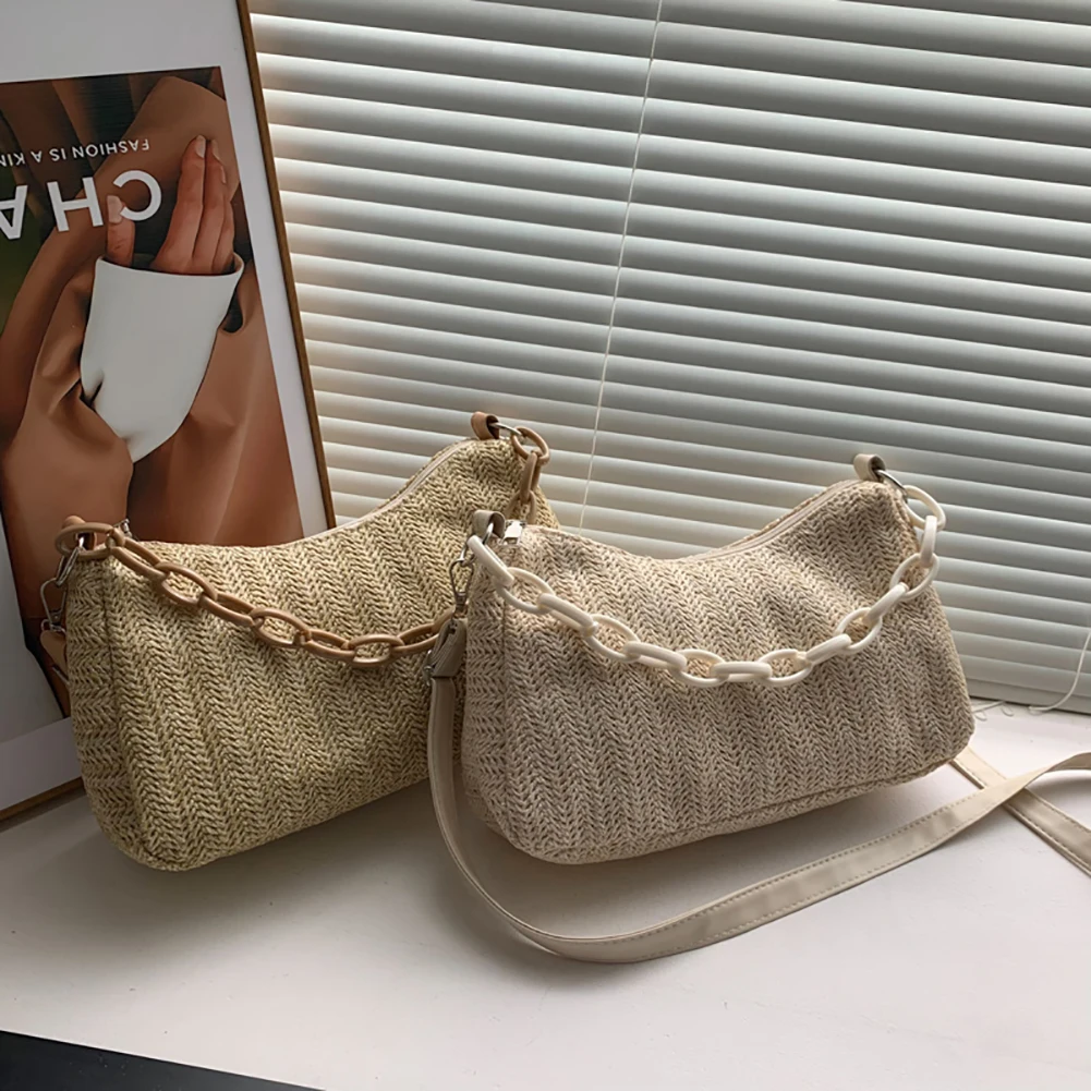 

Woven Straw Women Shoulder Messenger Bag Female Acrylic Chain Crossbody Handbag for Women Storage Handmade Tote