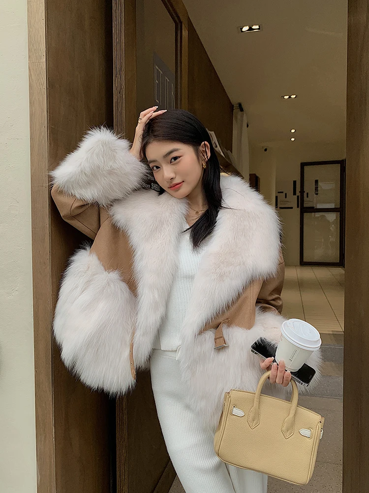 Winter New Fox Fur Fur Coat Female Big Fur Collar Socialite Temperament Fur and Leather Overcoat Young