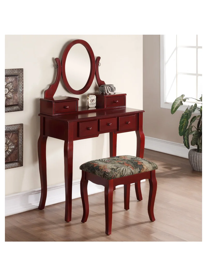 

Roundhill Furniture Ashley Wood Make-Up Vanity Table and Stool Set, Cherry