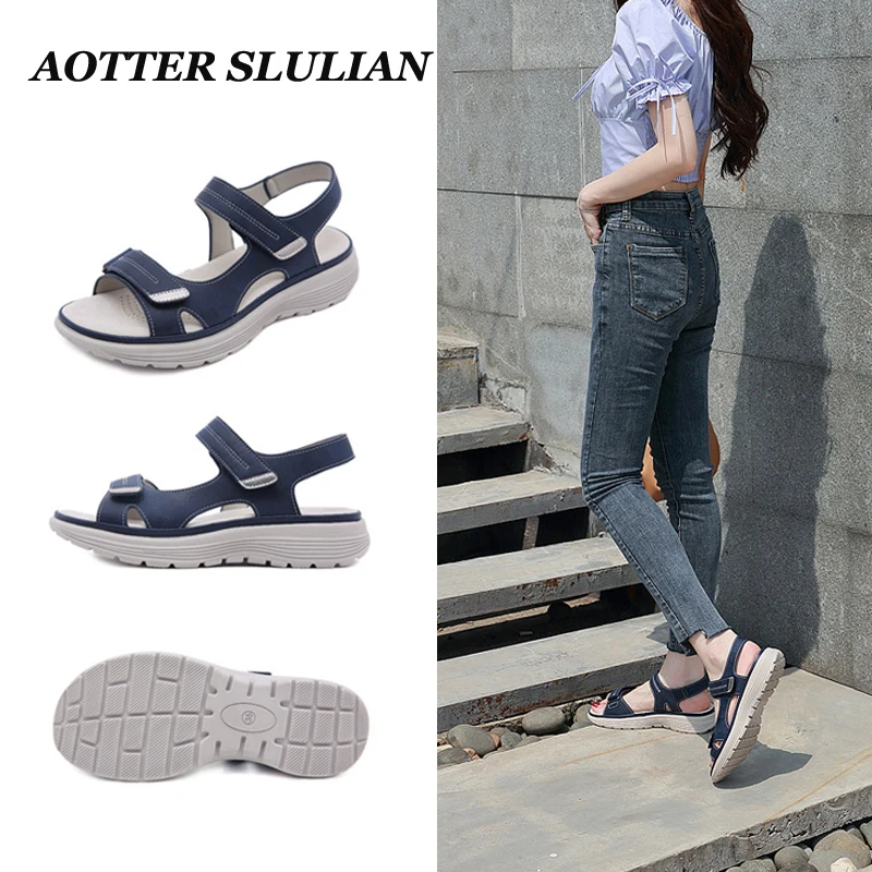 

Summer 2023 New Genuine Leather Sandals Women's Sports Style Slope Heel Shoes Lightweight Female Comfortable Open Toe Slippers