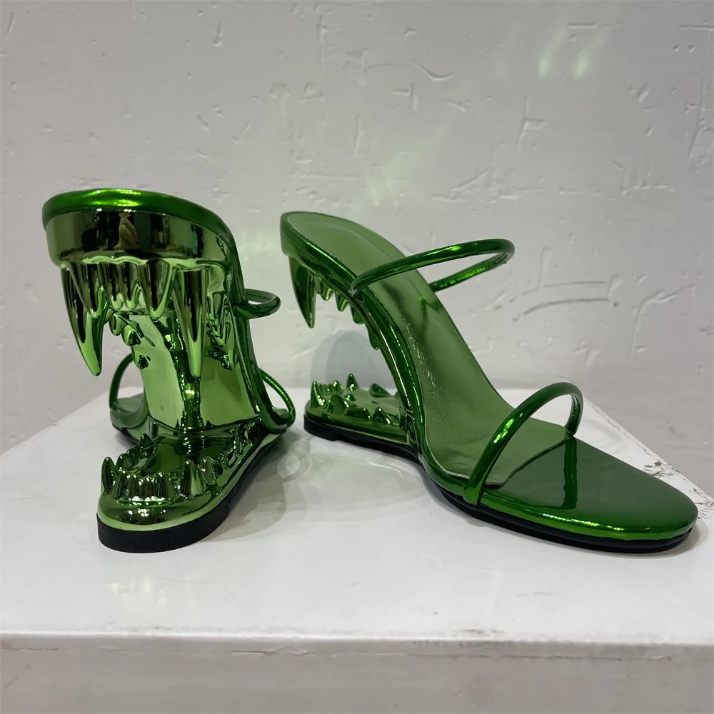 Summer Women Wedges Heel Sandal Patent Leather  Lady Strange Style Clubwear Party Sandals  Gold Silver 43