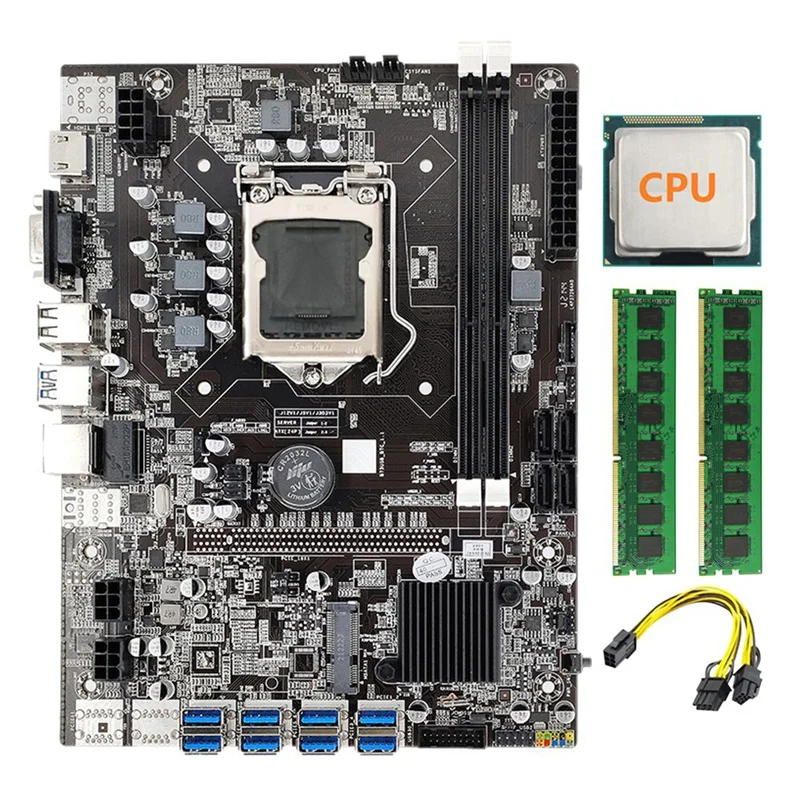 

B75 BTC Mining Motherboard+2XDDR3 4GB 1333Mhz RAM+Random CPU+6Pin To Dual 8Pin Cable LGA1155 8GPU PCI-E To USB B75 Miner