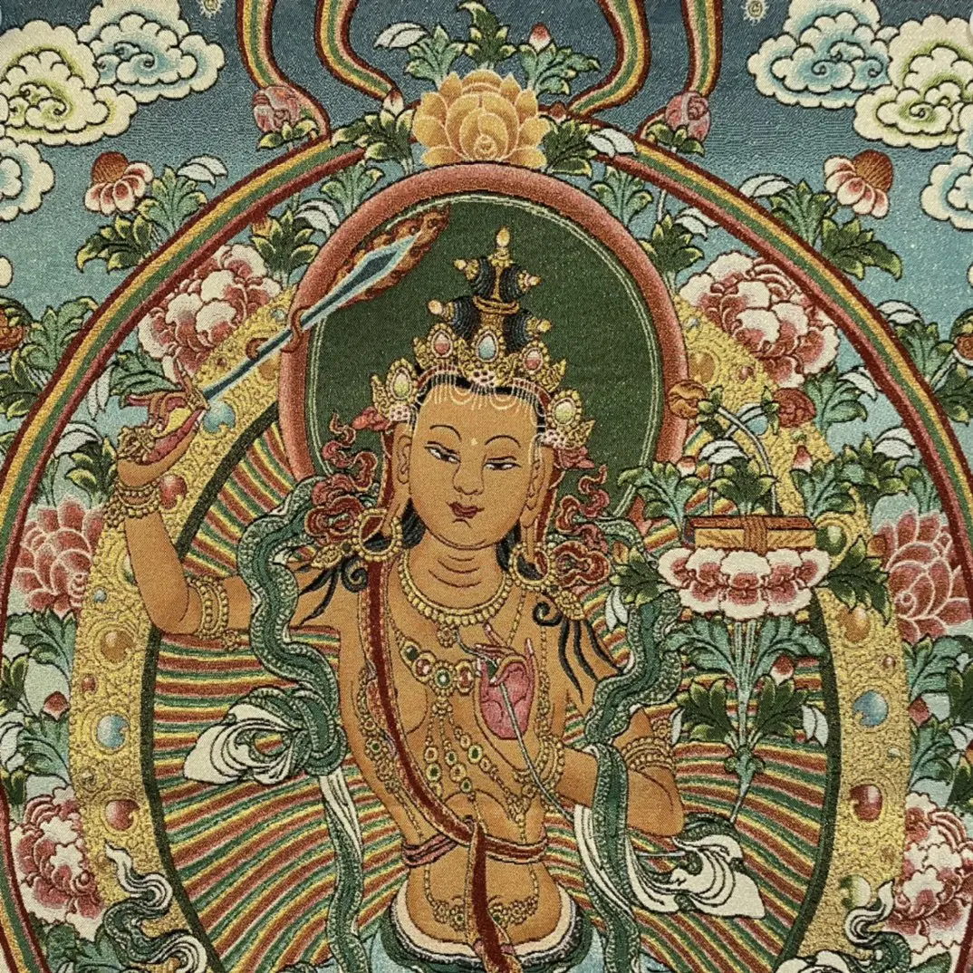 35&quotThangka embroidery Tibetan Buddhism silk Embroidery Manjushri Bodhisattva Sitting Buddha Thangka hanging screen