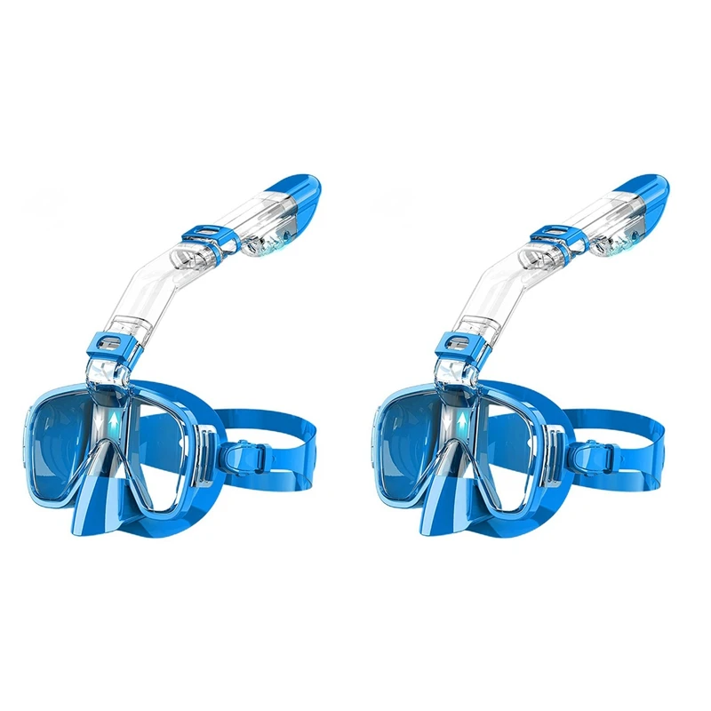 

2X Snorkel Mask Foldable Diving Mask Set With Dry Top System And Camera Mount, Anti-Fog Snorkeling Gear-Blue