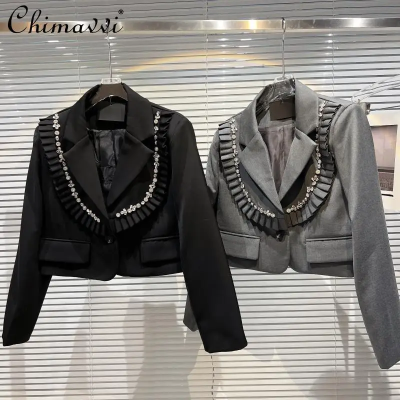 

2022 Spring Clothes New Heavy Rhinestone Beaded Pleated Lace Blazer Women Loose Elegant Long Sleeve Versatile Short Suit Coat