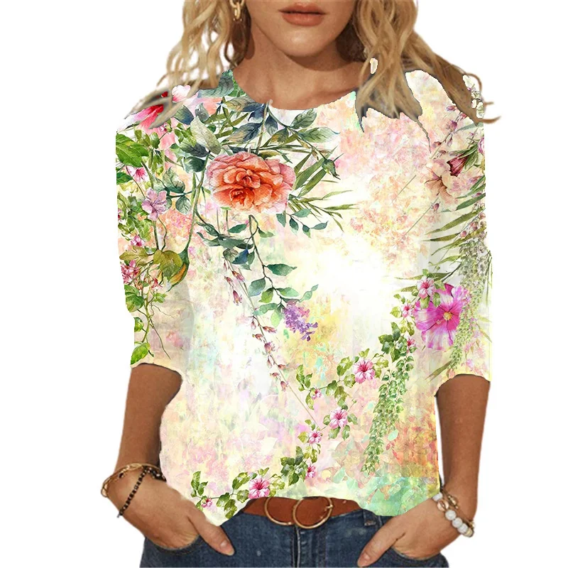

Женская свободная футболка с цветочным принтом, круглым вырезом и длинным рукавом