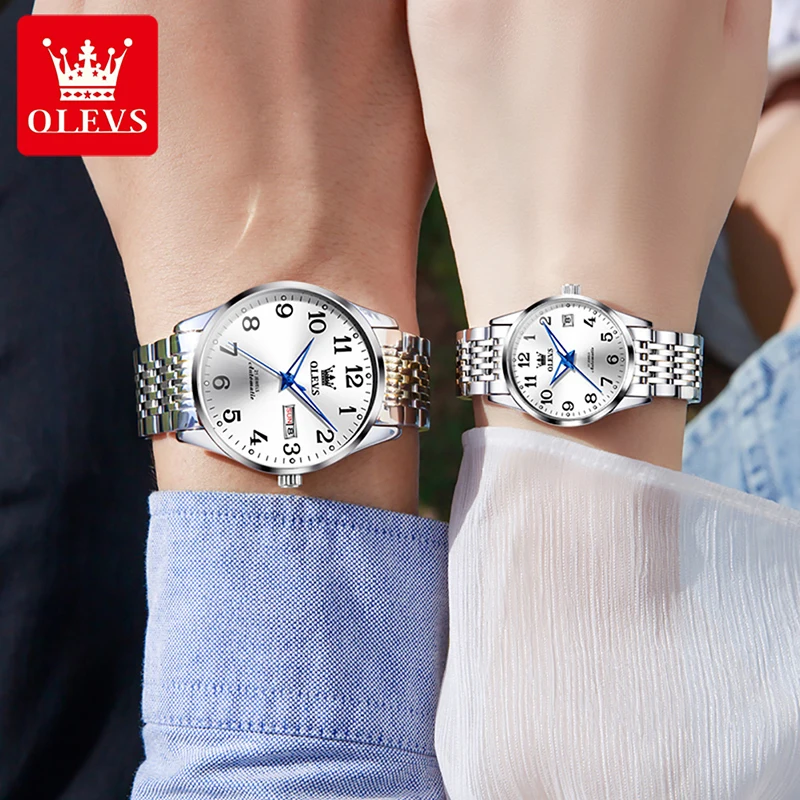 OLEVS 2022 New Waterproof Steel Band Mechanical Watches Casual Fashion Couple Watch Luminous Hand Week Calendar Display 6666
