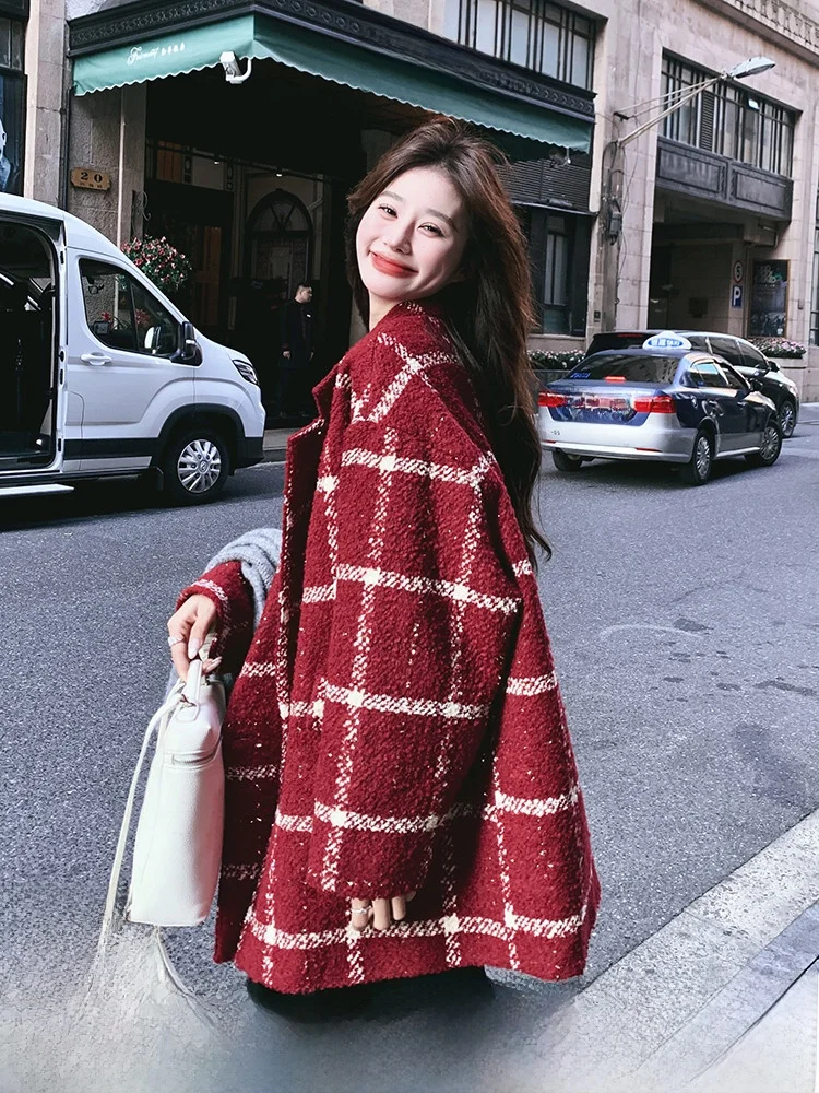 Красная шерстяная женская куртка в клетку новинка 2024 осенне-зимняя супер