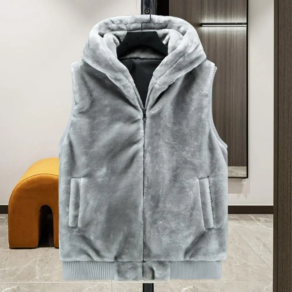 

Outdoor Work Vest Cozy Men's Winter Vest Plush Faux Fur Hooded Sleeveless Waistcoat with Zipper Closure Pockets Plus Size Warmth