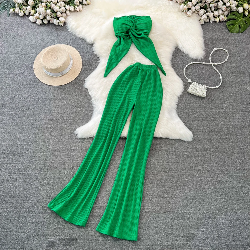 

Women Fashion Elegant Casual Solid Pantsuit Vintage Sexy Strapless Tops Wide-Leg Pants Two Pieces Set Female Chic Outfits New