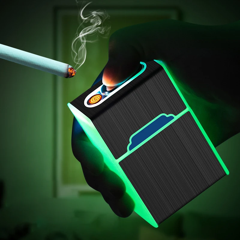 

2 In 1 Luminous Cigarette Case 20pcs Rechargeable Cigarette USB Lighter Easy To Carry Smoking Accessories Gadgets For Men