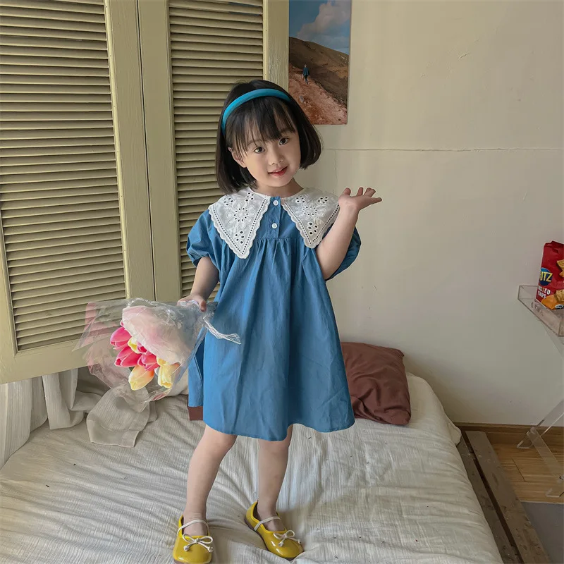 

Children Costume Summer Kid Girl Flower Hollow Out Collar Fashion Princess Dresses Baby Cotton Shoort Sleeve Casual Party Dress
