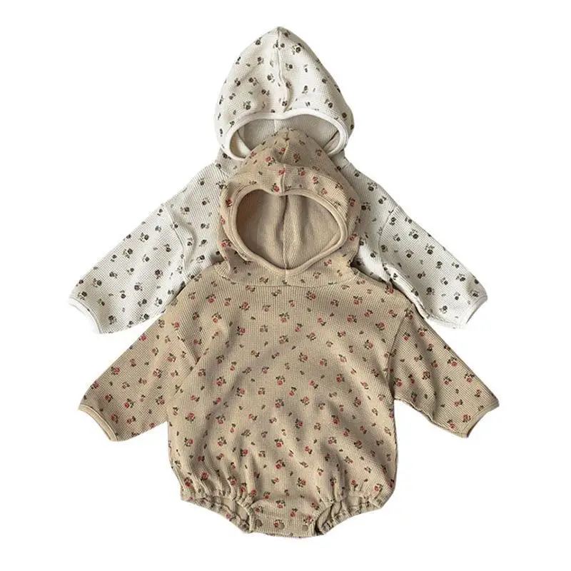 2022 Autumn New Baby Long Sleeve Hooded Bodysuit Infant Girl Waffle Floral Jumpsuit Baby Boy Loose Casual Clothes 0-24M