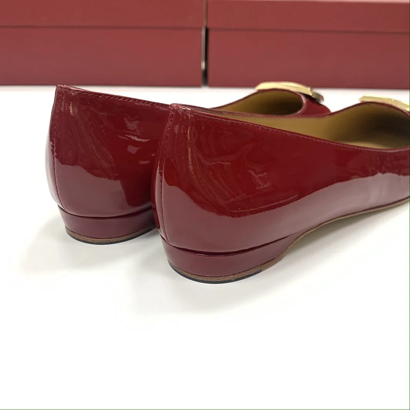 2023 spring high-quality square toe patent leather copper buckle middle and low heel elegant women's shoes comfortable shoes