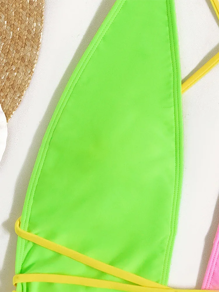 Цветной неоновый купальник сексуальный женский на завязках новинка 2022 глубокий