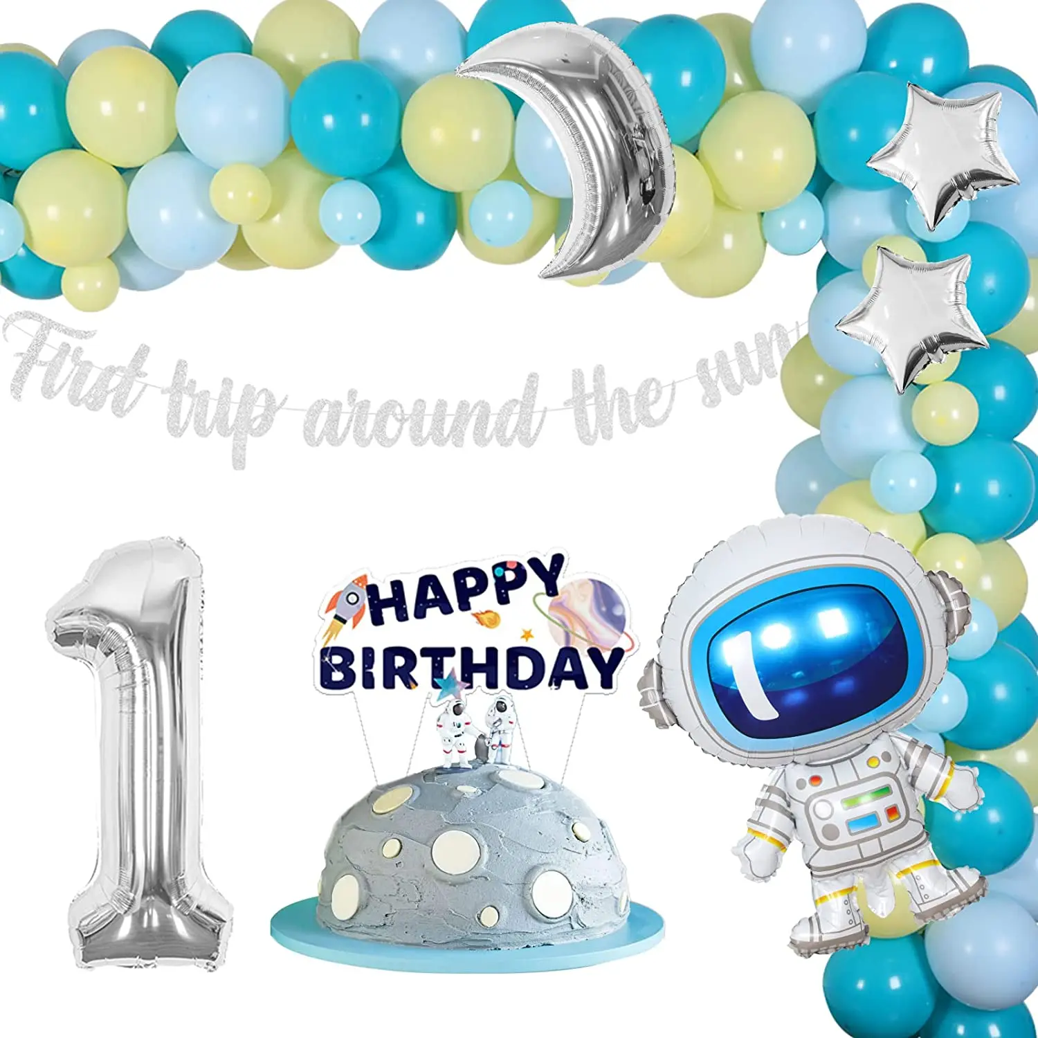 

Astronaut Themed Moon Star Balloon Garland Kit First Trip Around The Sun Glitter Banner Boy 1st Birthday Party Decoration