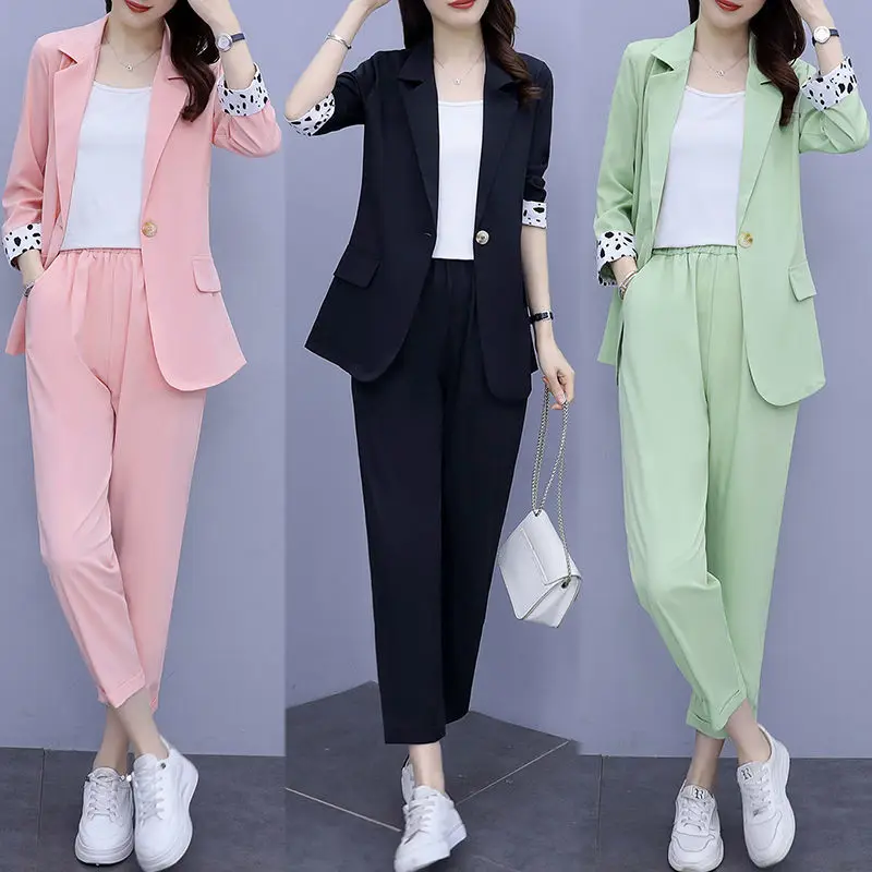 Spring and Summer Women's Suit Thin Temperament Small New Seven Point Sleeve Large Nine Trousers Three Piece