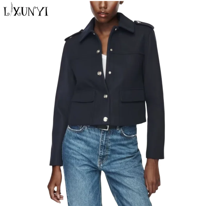 

Vintage Military Style Short Women Woolen Coat Golden Buttons Long Sleeve Epaulet Single Breasted Elegant Temperament Jacket