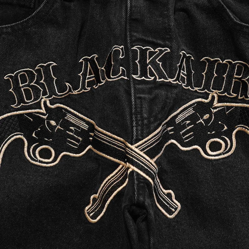 Джинсы LENSTID мужские с вышивкой черные брюки из денима Джоггеры в стиле хип-хоп