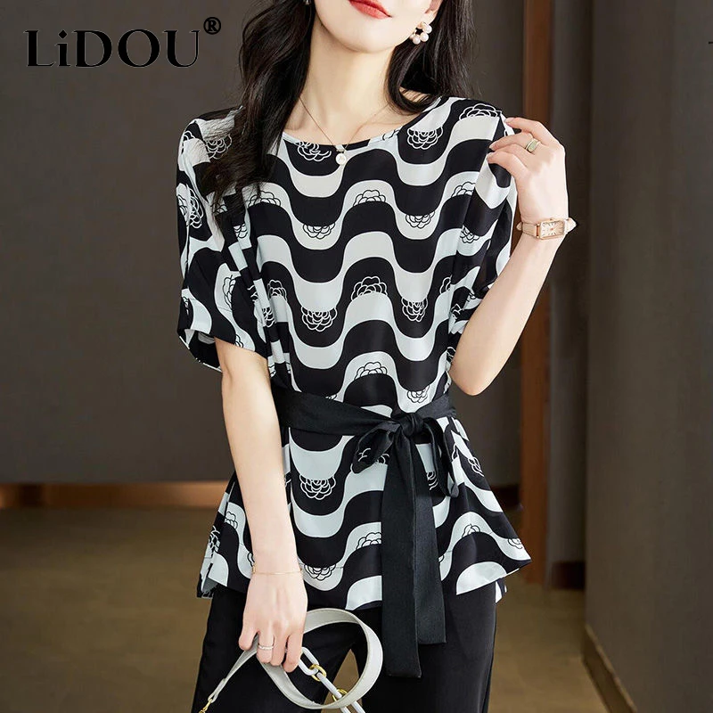 

Summer Elegant Fashion Loose Casualshirt Women O Neck Short Sleeve Aesthetic Office Lady Blouse Female Oversized Pullover Femme