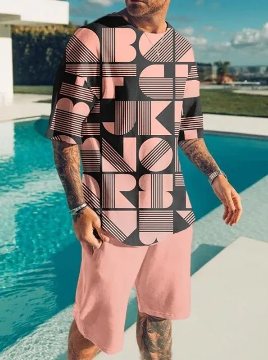 Street Letter Print Tracksuit Men's Summer Short Sleeve T-shirt Hawaii Style Short Pant 2-Piece Set Man Jogging Suit